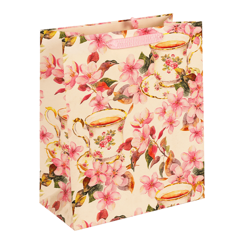 Recyclable Printed Floral Gold Glitter Paper Gift Bag With Handle