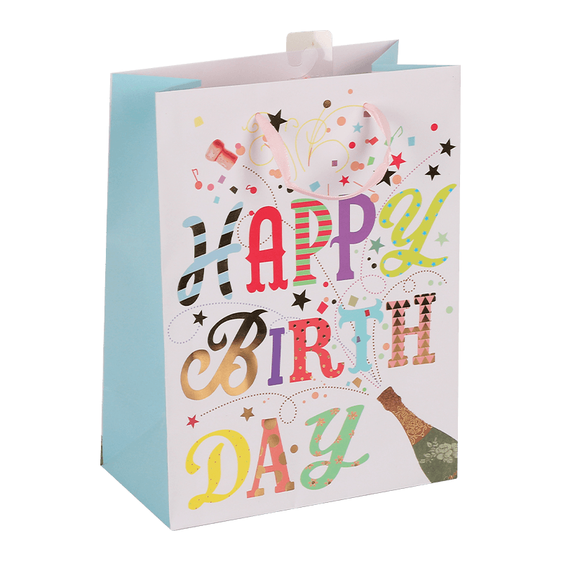 Factory Printed Birthday Theme Gold Hot Stamping Paper Gift Bag With Handle