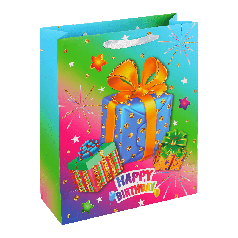 Personalized Printed Colorful Pattern Happy Birthday Paper Bag With Glitter