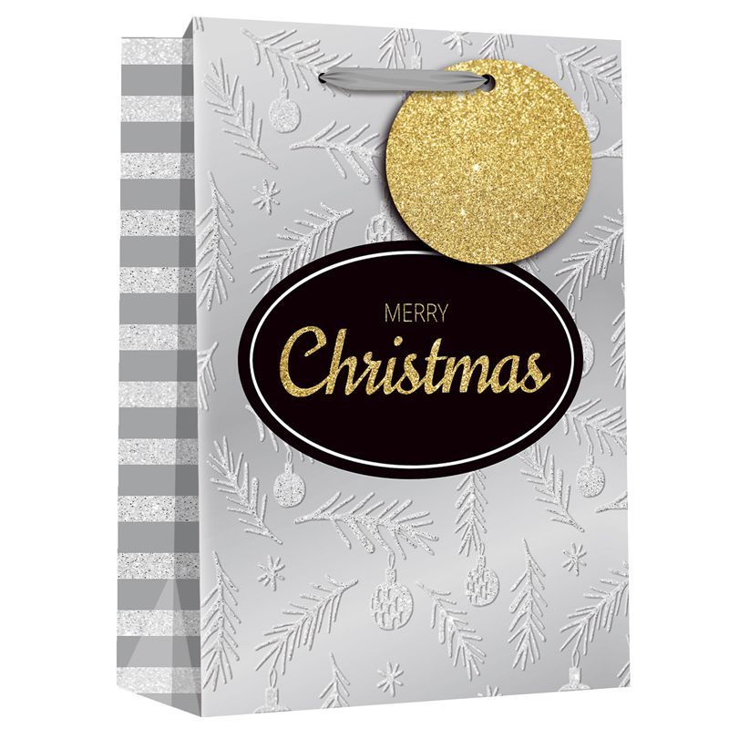 Printed Merry Christmas Silver Color Shopping Gift Paper Bag With Tag